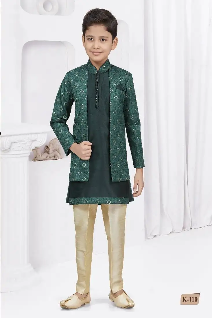 Green embroidered & printed jacket style sherwani