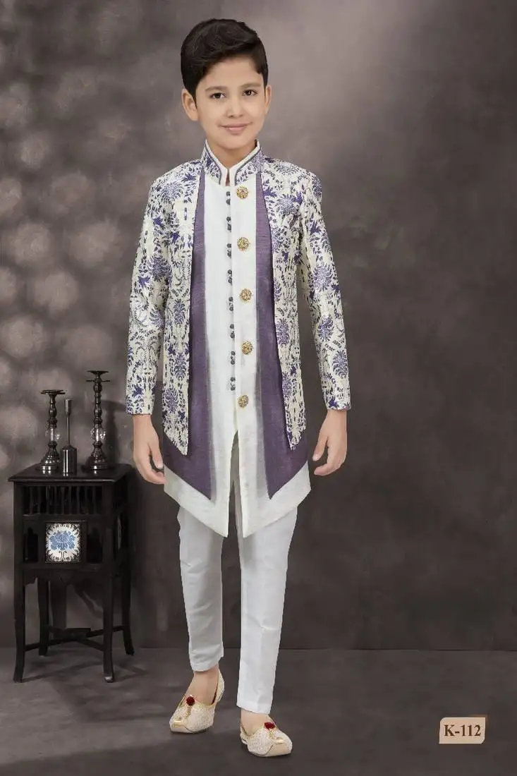 Purple floral printed jacket style sherwani