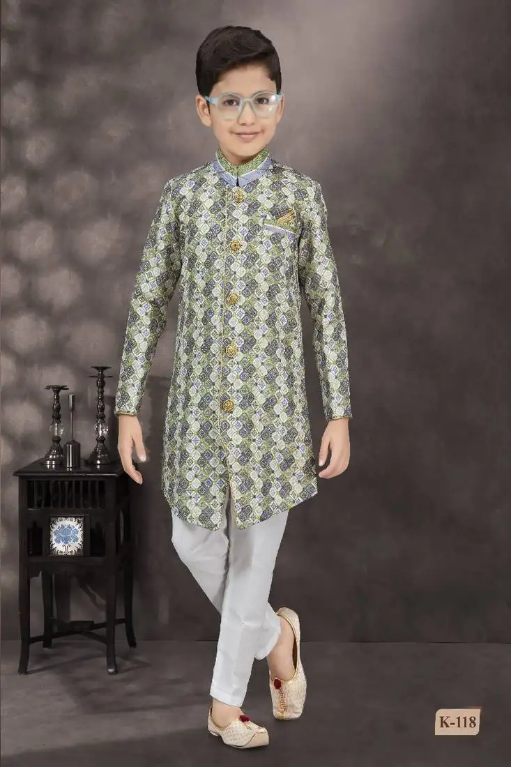 Green & cream block printed sherwani