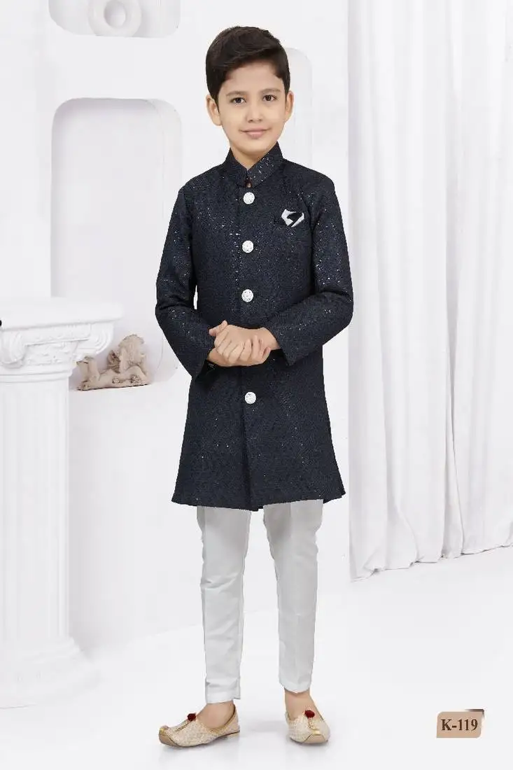 Navy blue embroidered sherwani