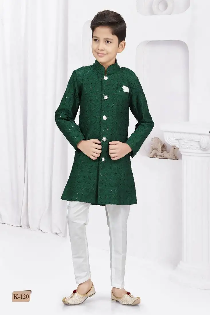 Bottle green embroidered sherwani