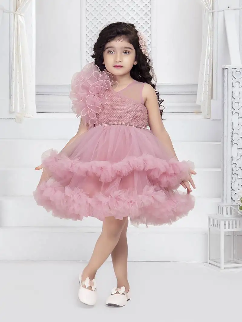 Onion pink solid net double layer frilled glitter embellish frock