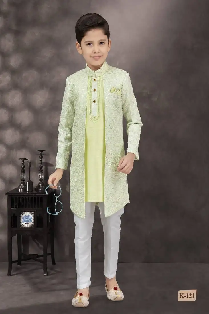Sea green thread work kasab zari jacquard sherwani