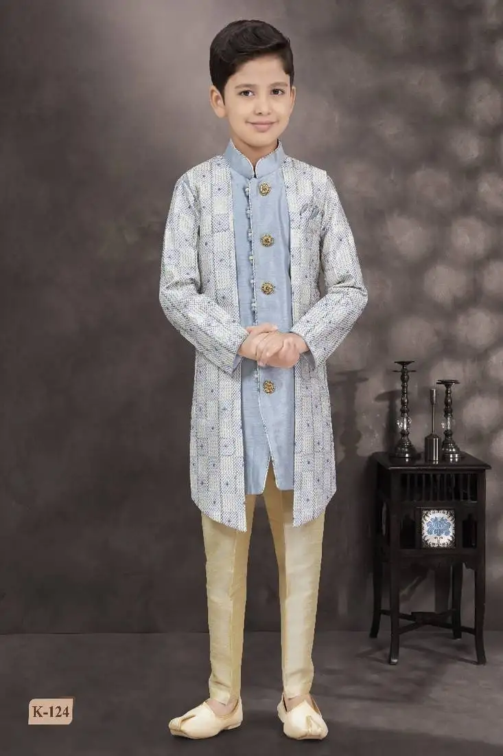Sky blue star digital print work banarasi silk sherwani