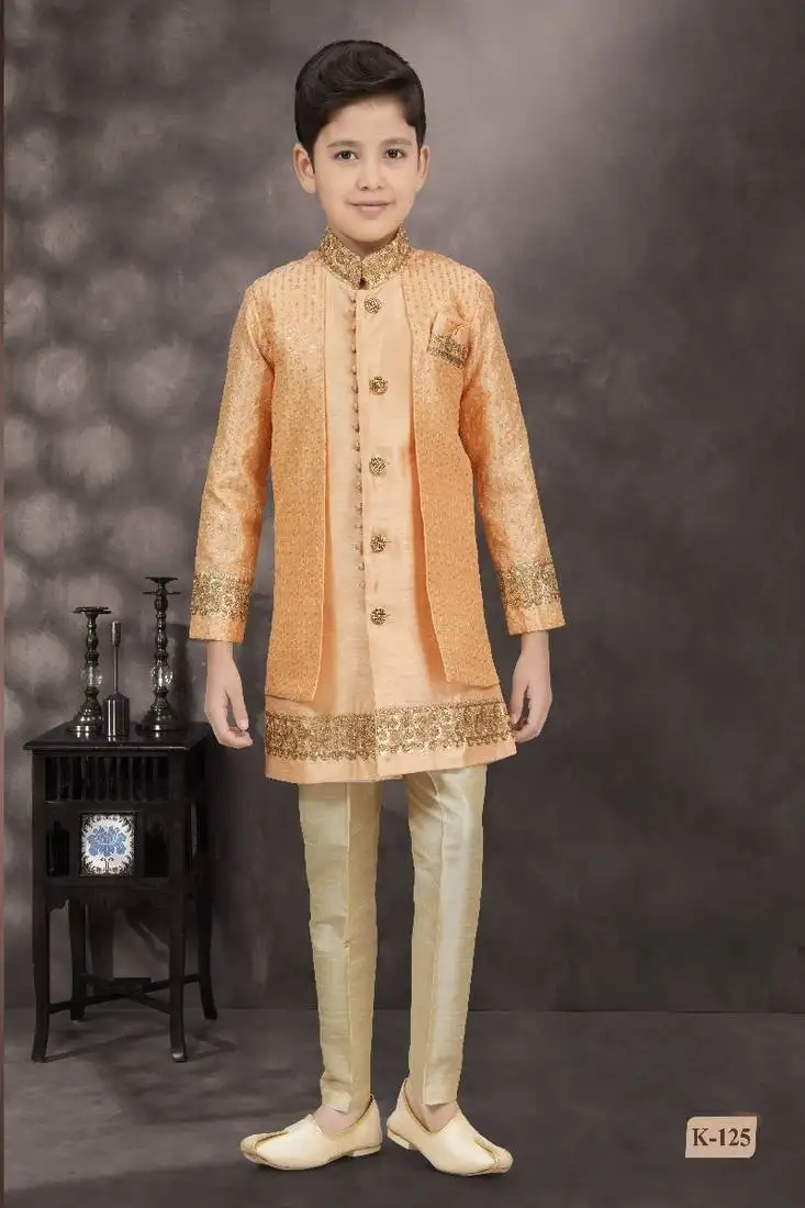 Light orenge thread stone work banarasi silk sherwani