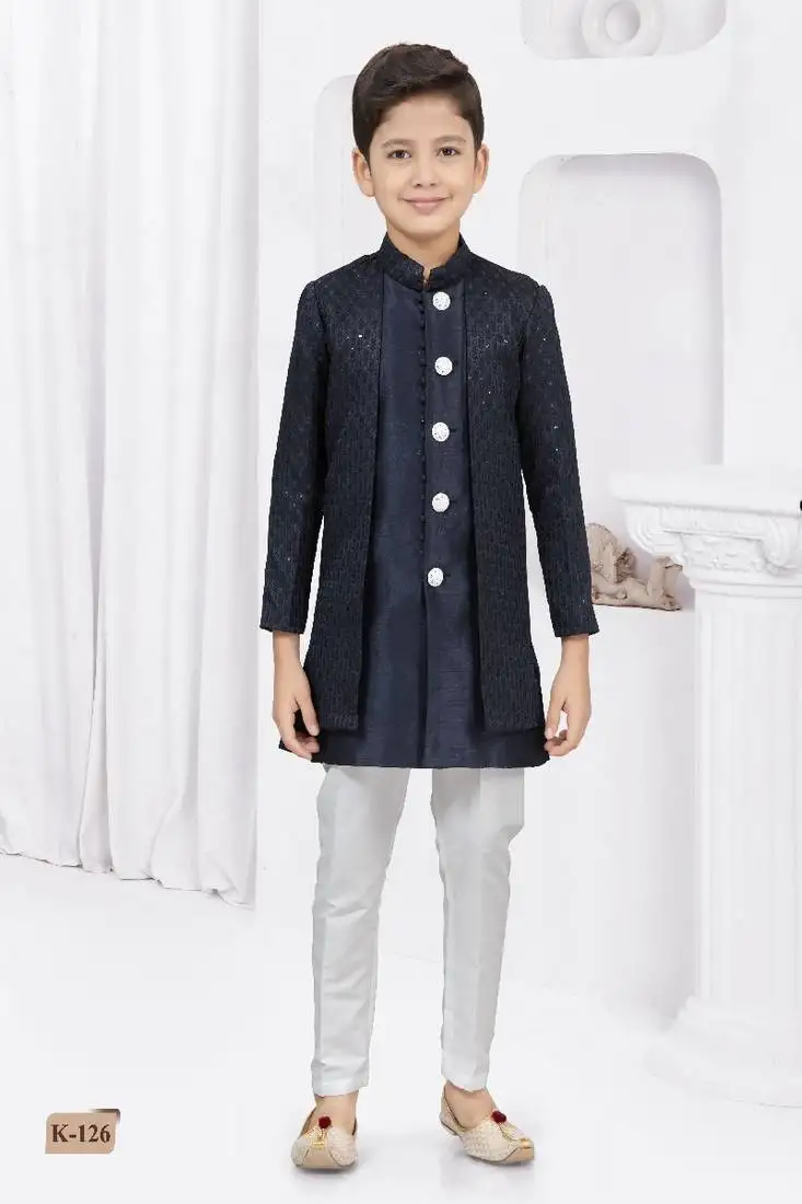 Nevy blue star thread work kasab zari jacquard sherwani
