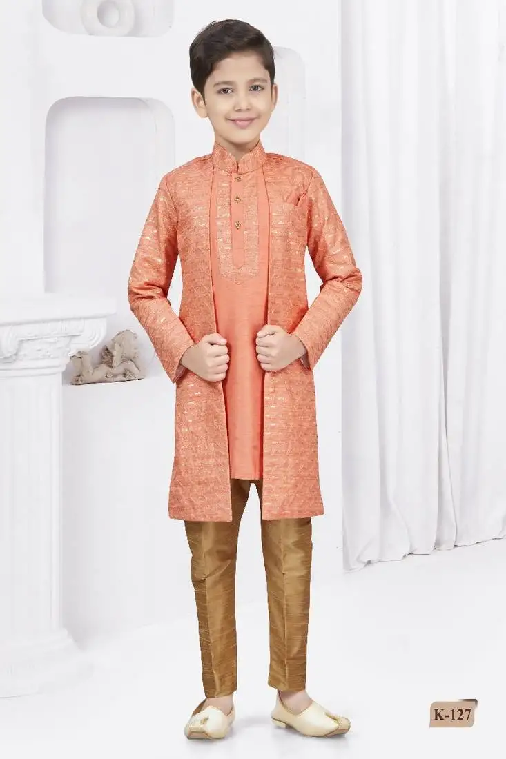 Dark orange thread stone work banarasi silk sherwani