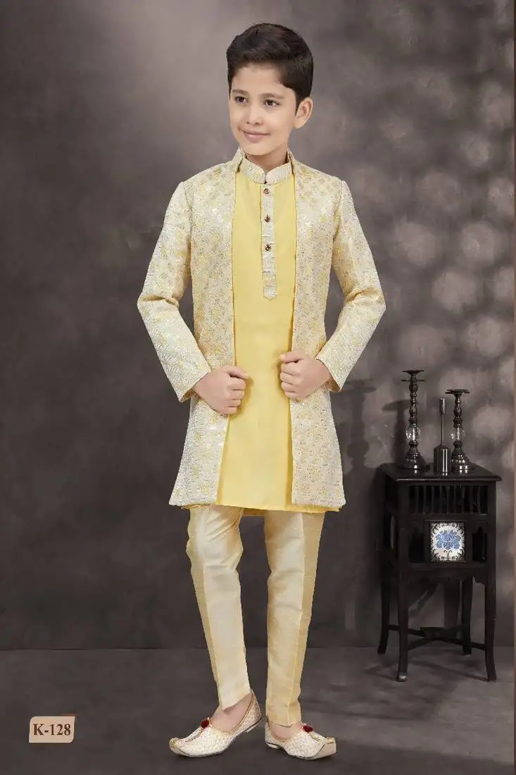 Yellow thread work fancy botton kasab zari jacquard sherwani