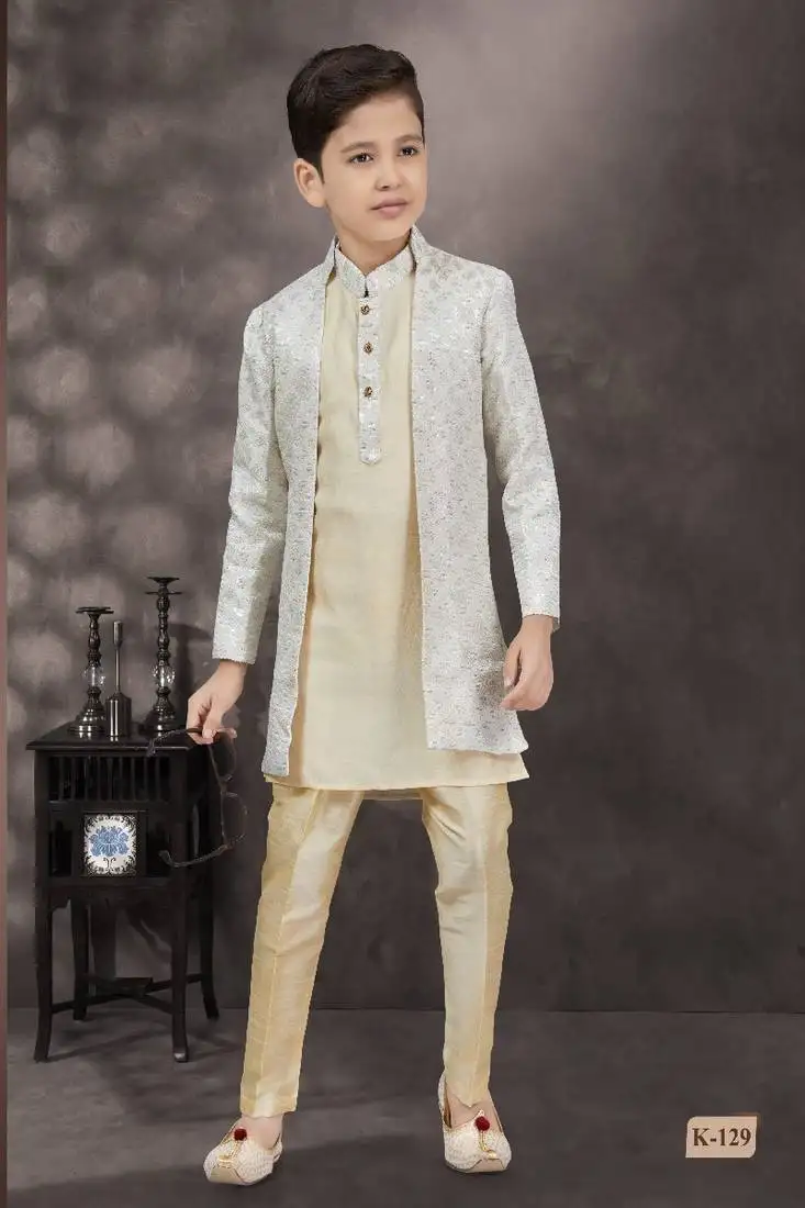 Cream thread work kasab zari jacquard sherwani