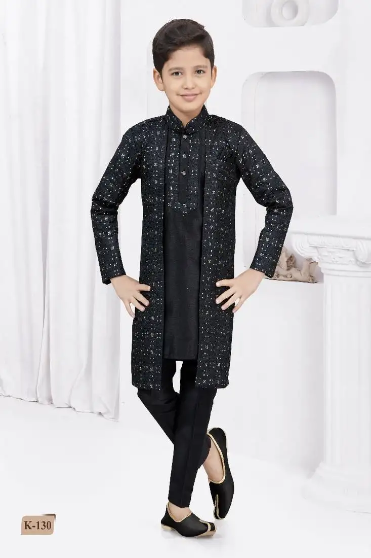 Black thread work banarasi silk sherwani