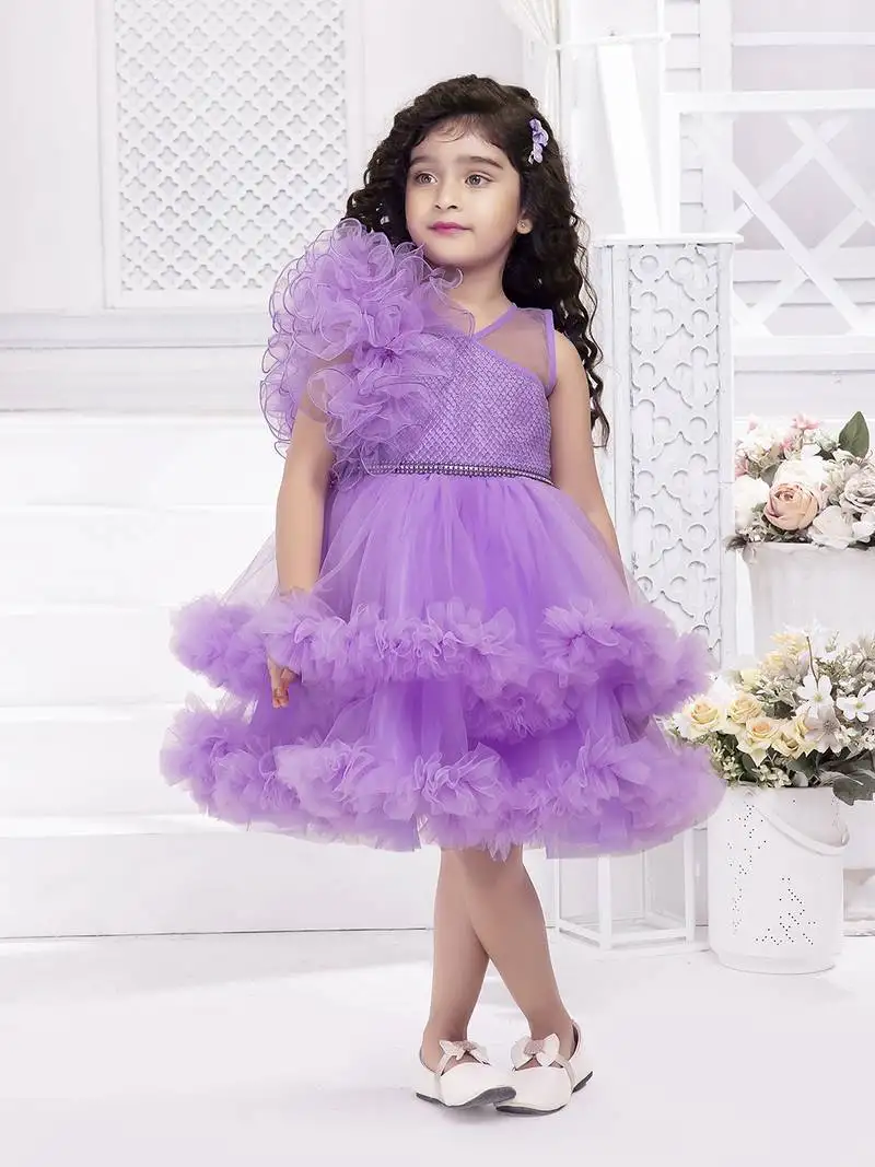 Lavender solid net double layer frilled glitter embellish frock