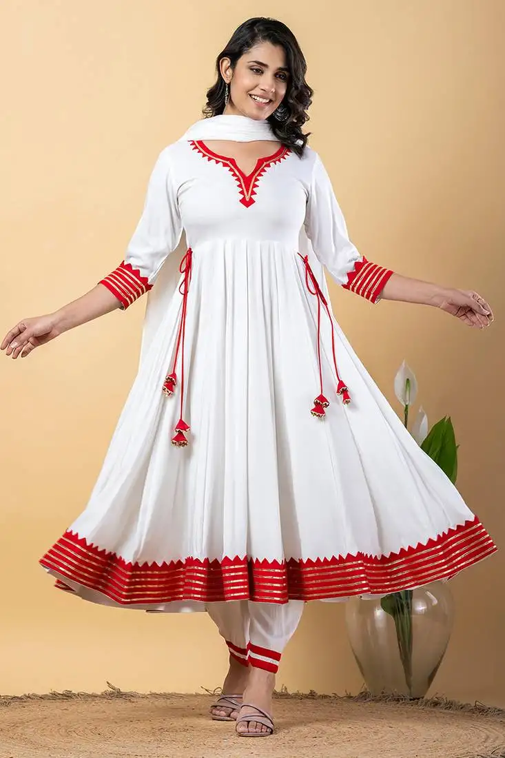 White red gotta patti rayon stitched anarkali pant suit set