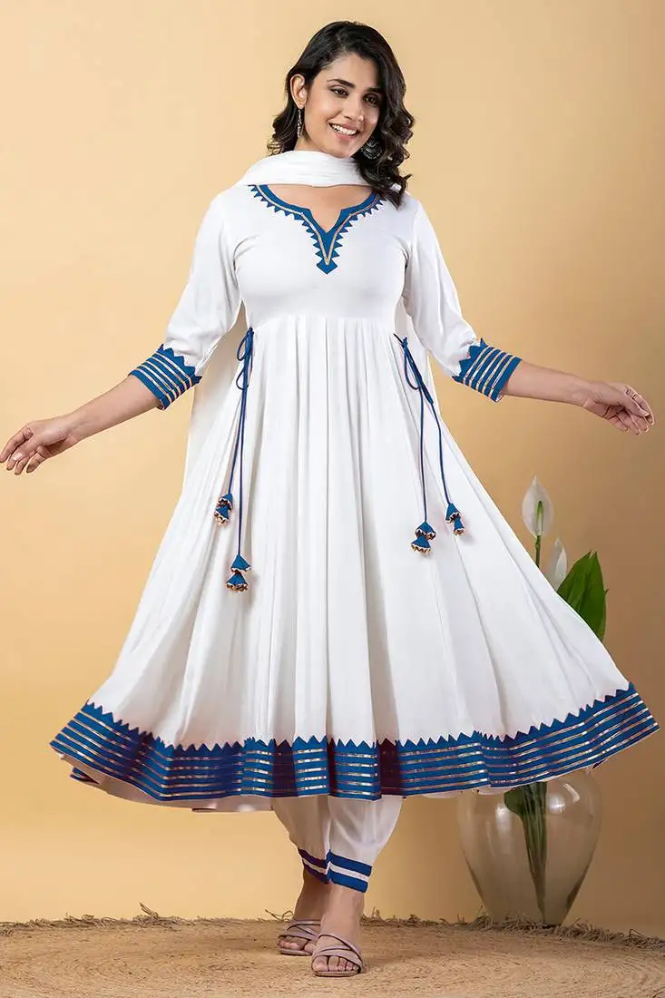 White blue gotta patti rayon stitched anarkali pant suit set