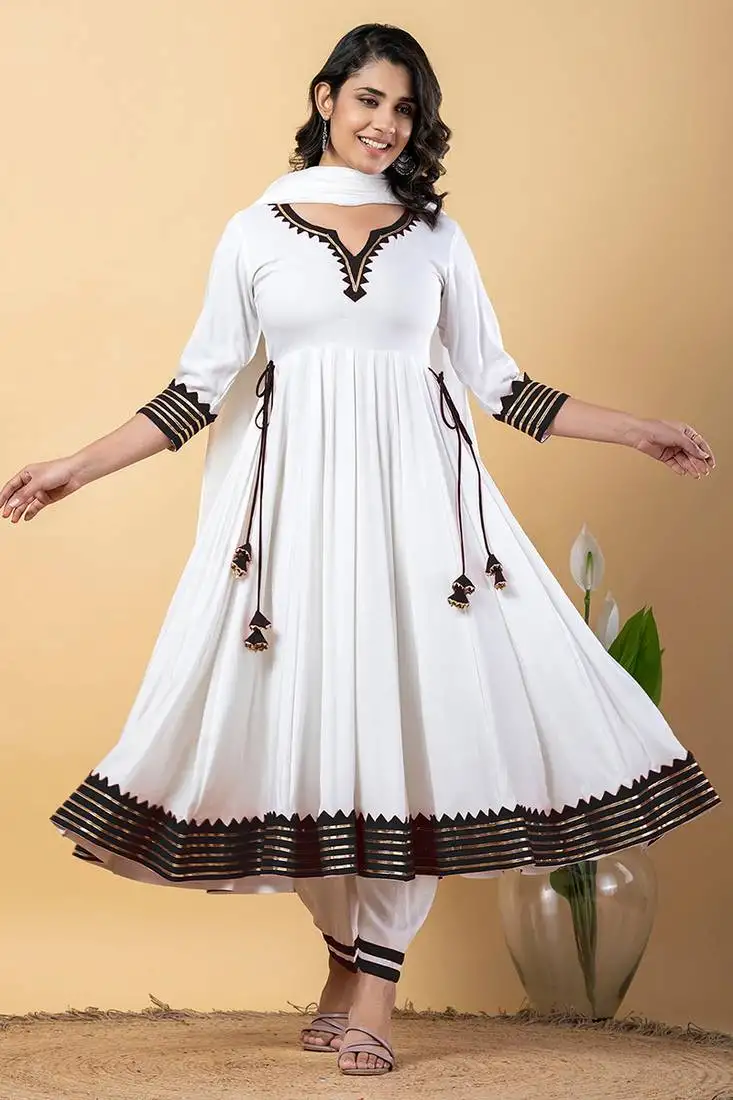 White black gotta patti rayon stitched anarkali pant suit set