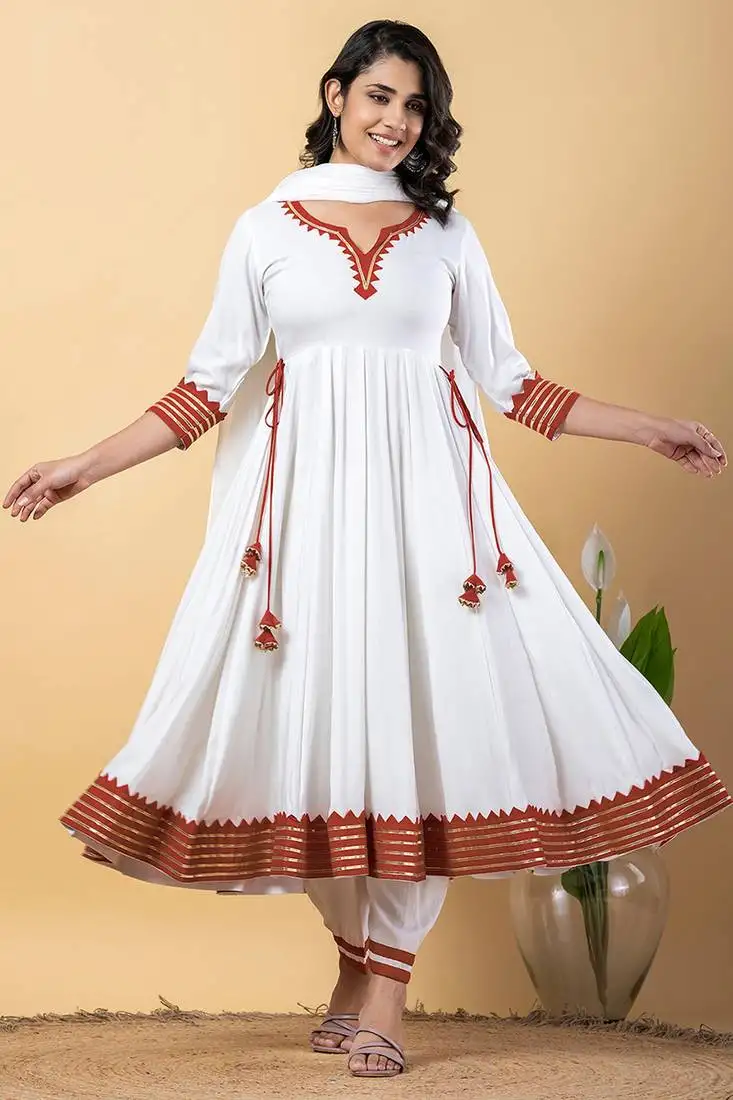 White peach gotta patti rayon stitched anarkali pant suit set