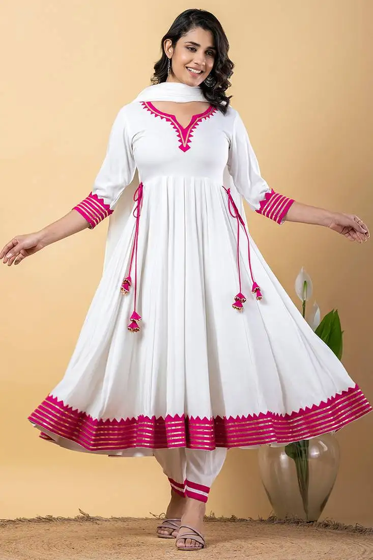 White pink gotta patti rayon stitched anarkali pant suit set