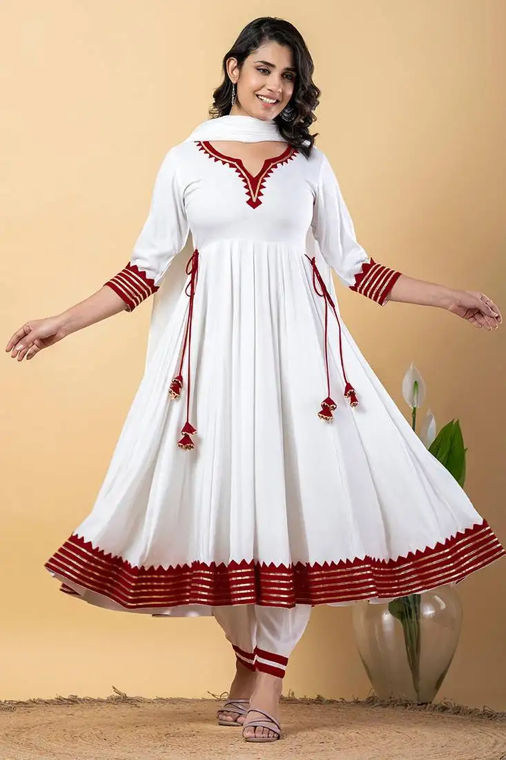White maroon gotta patti rayon stitched anarkali pant suit set