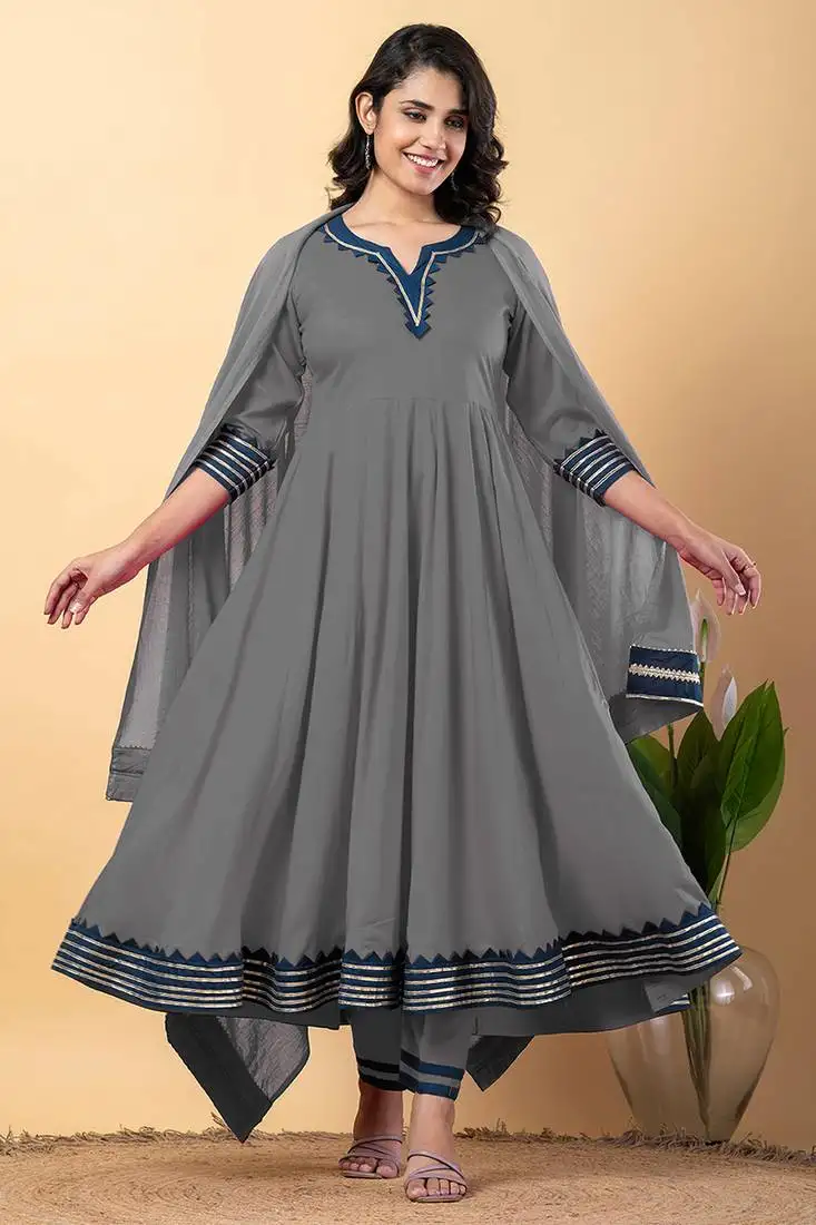 Grey blue gotta patti rayon stitched anarkali pant suit set