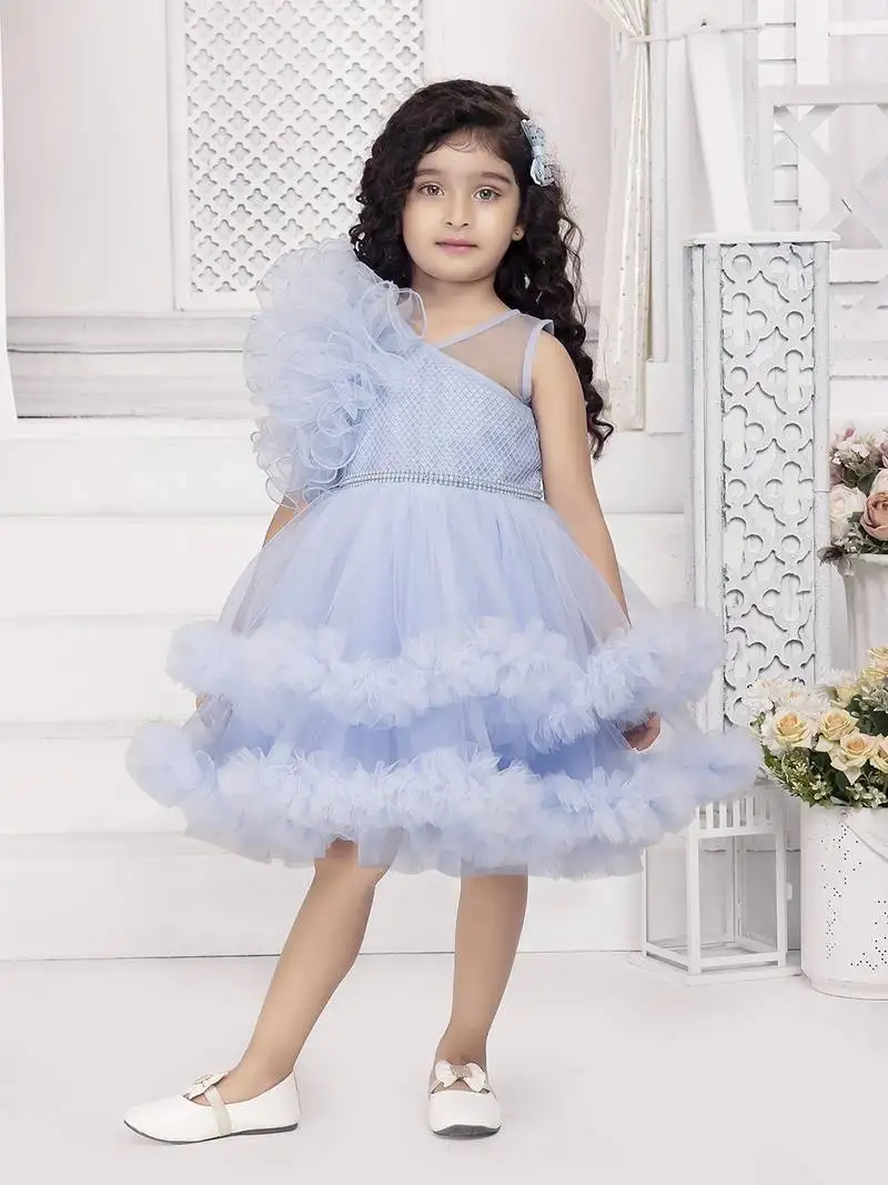 Blue solid net double layer frilled glitter embellish frock