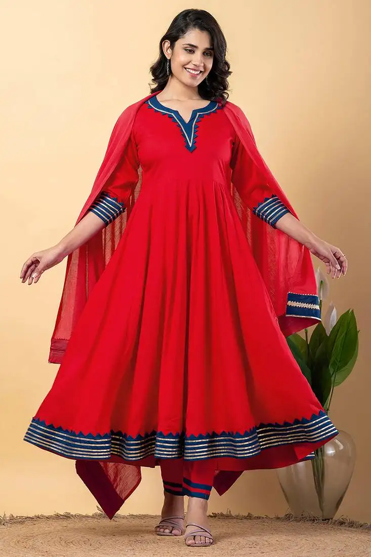 Red blue gotta patti rayon stitched anarkali pant suit set