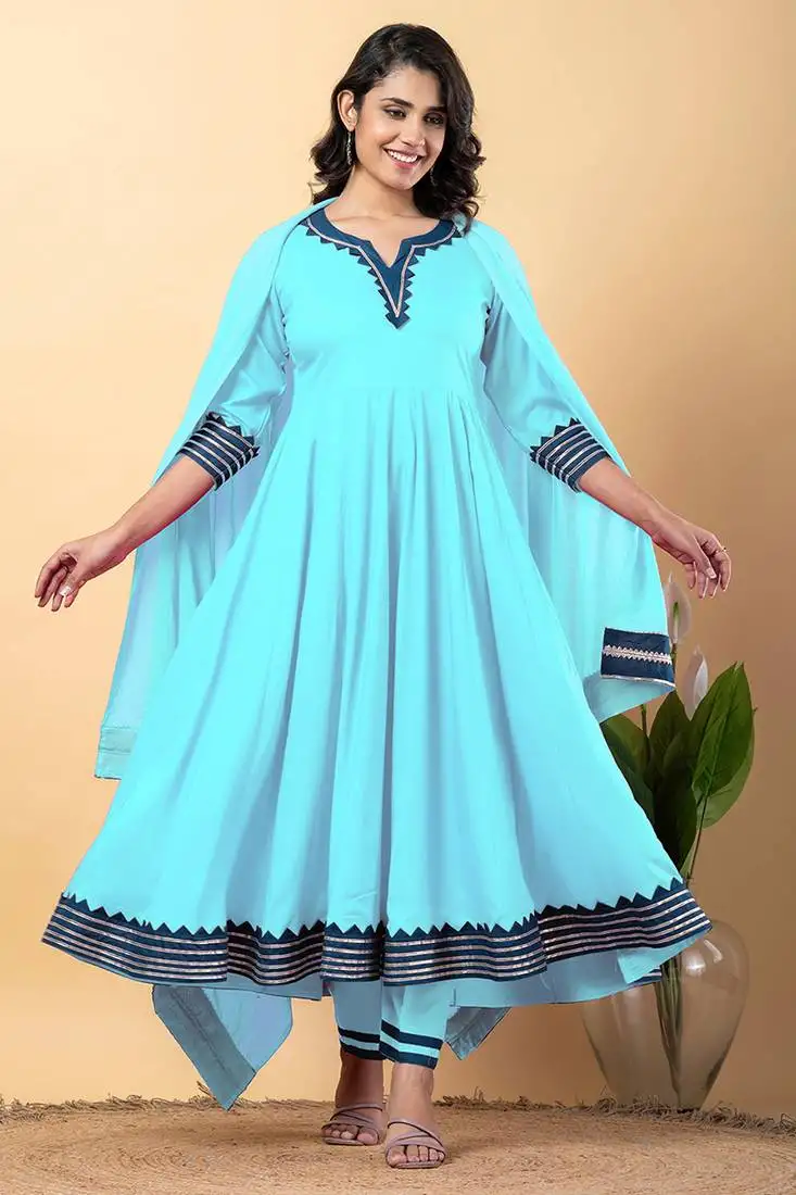 Light blue gotta patti rayon stitched anarkali pant suit set