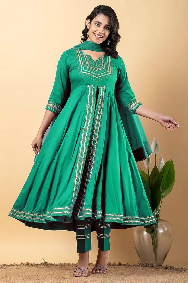 Sea green gotta patti rayon stitched slit anarkali pant suit set