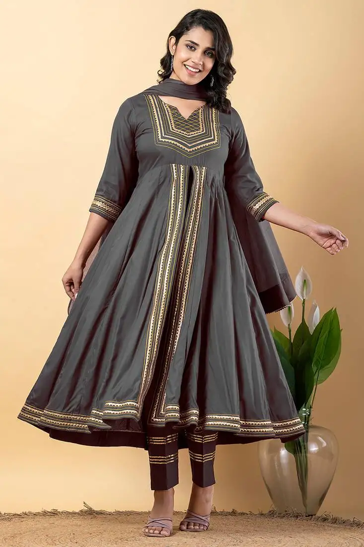 Grey gotta patti rayon stitched slit anarkali pant suit set