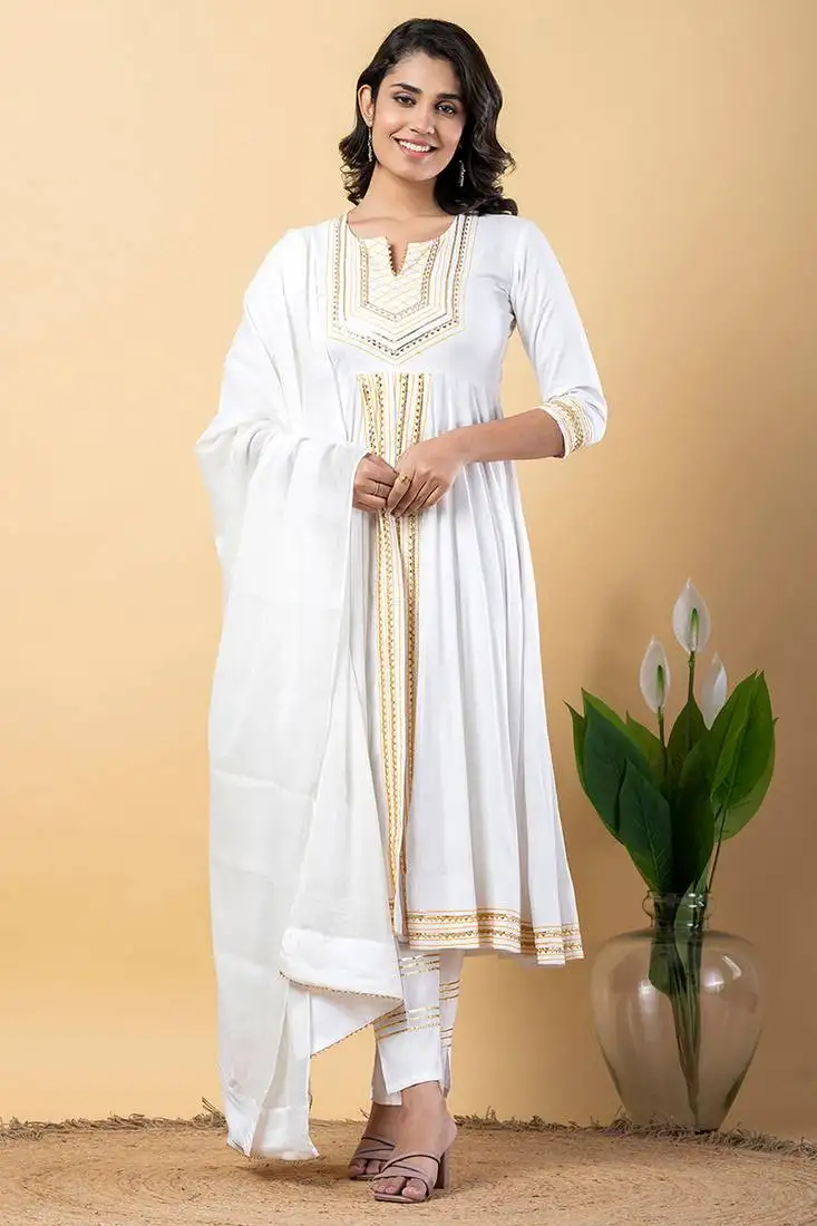 White gotta patti rayon stitched slit anarkali pant suit set