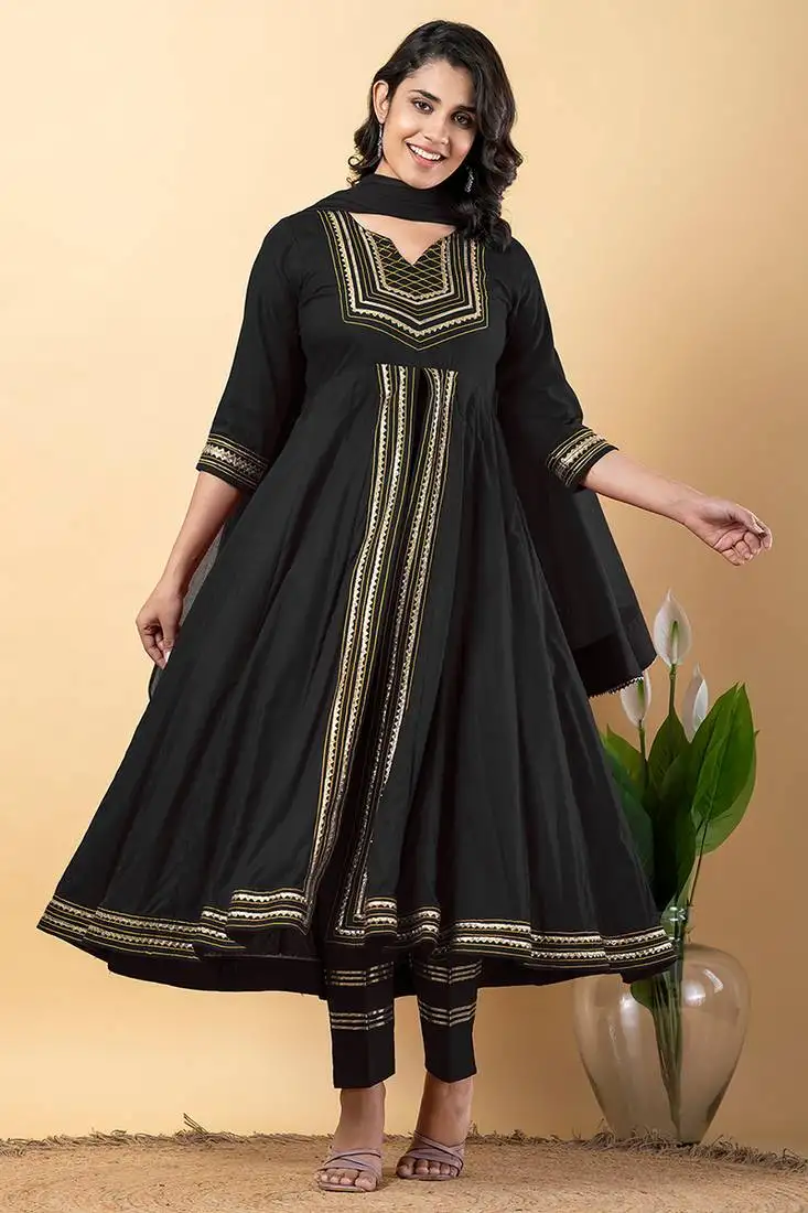 Black gotta patti rayon stitched slit anarkali pant suit set