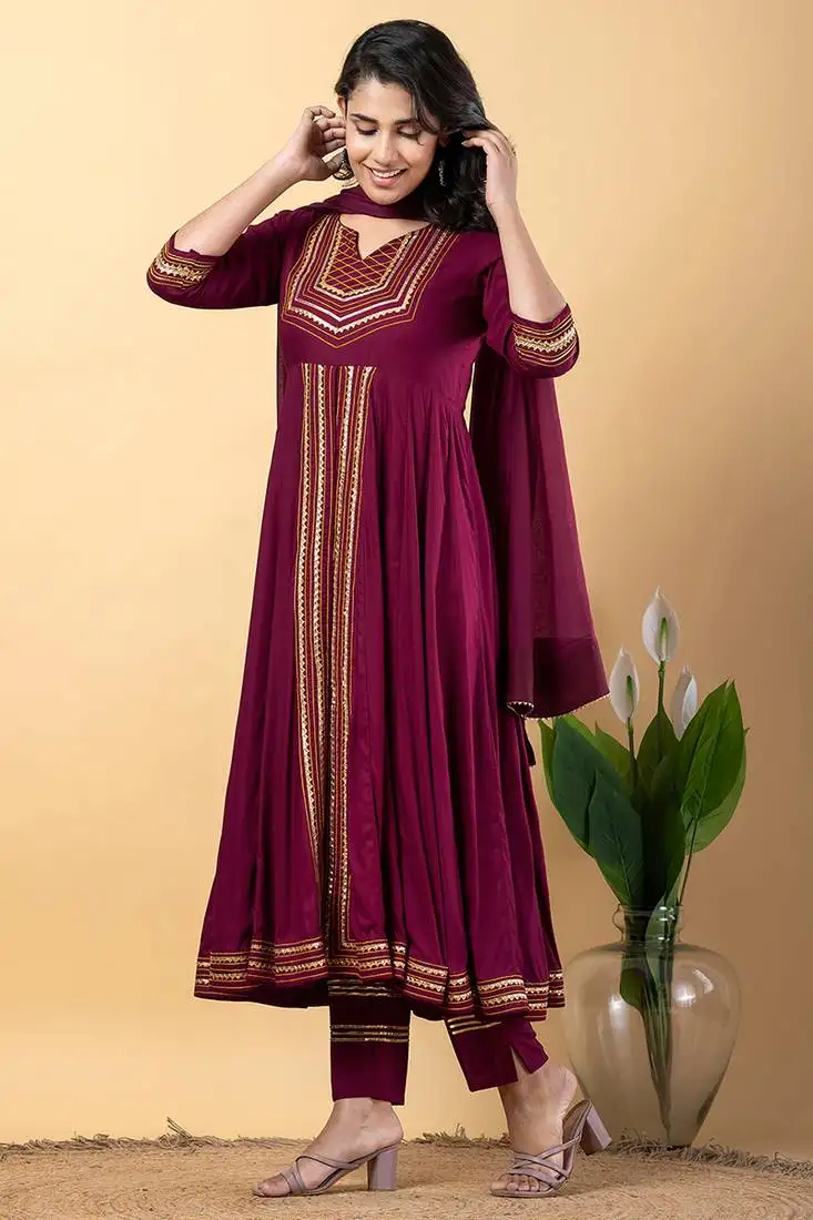 Purple gotta patti rayon stitched slit anarkali pant suit set