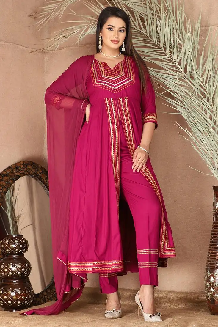 Pink gotta patti rayon stitched slit anarkali pant suit set