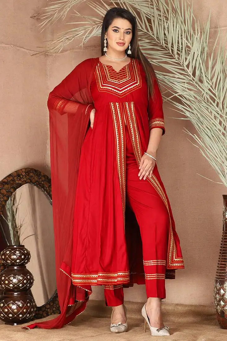 Red gotta patti rayon stitched slit anarkali pant suit set