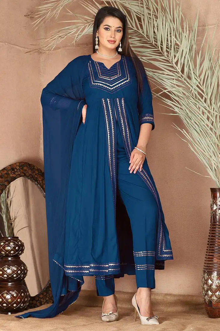 Blue gotta patti rayon stitched slit anarkali pant suit set