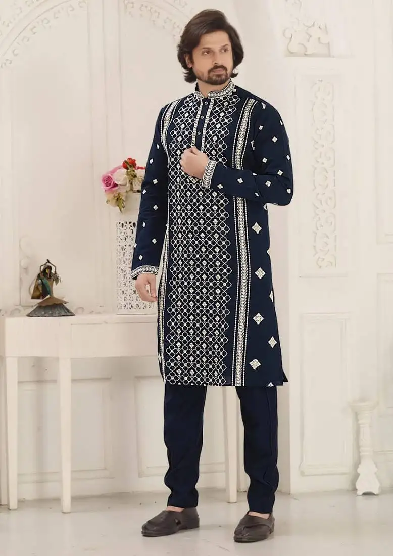 Blue sylish mirror embroidery silk kurta pajama