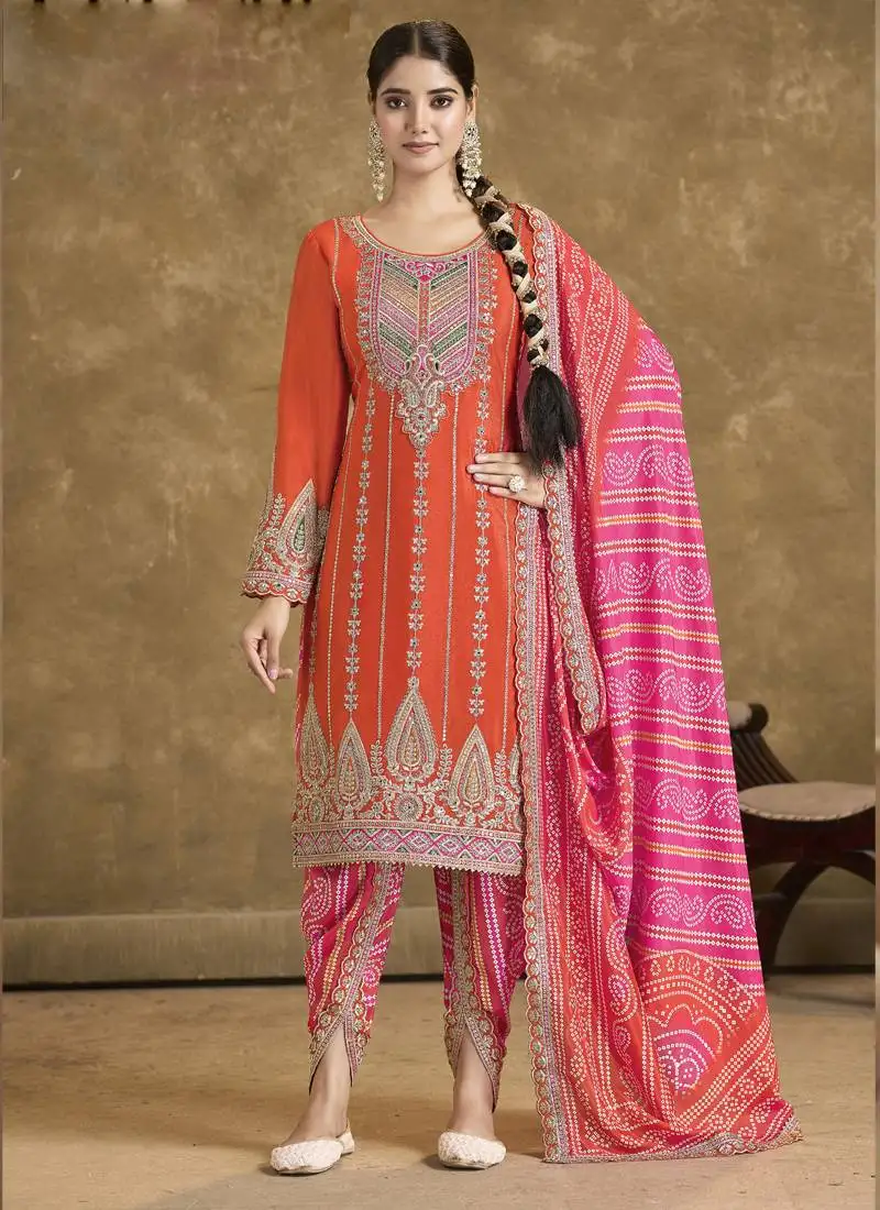 Orange chinon silk embroidered designer dhoti suit stitched