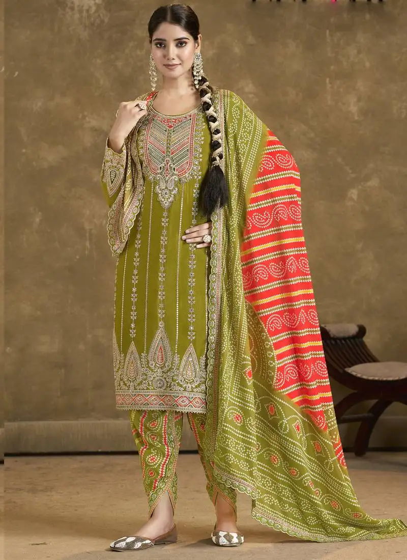Mahendi chinon silk embroidered designer dhoti suit stitched