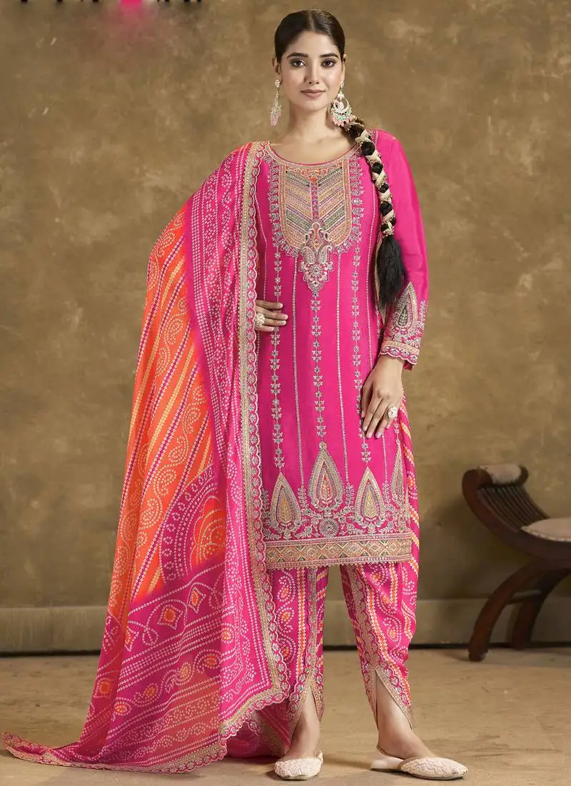 Pink chinon silk embroidered designer dhoti suit stitched