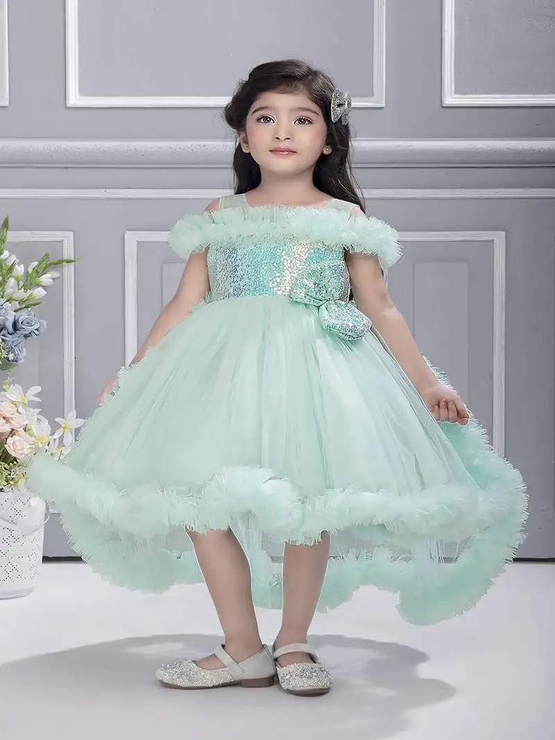 Blue solid net tail look off shoulder sequence yoke frock