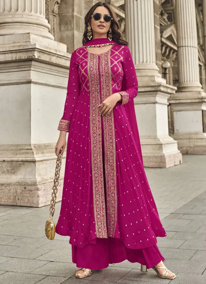 Rani pink georgette embroidered palazzo suit stitched