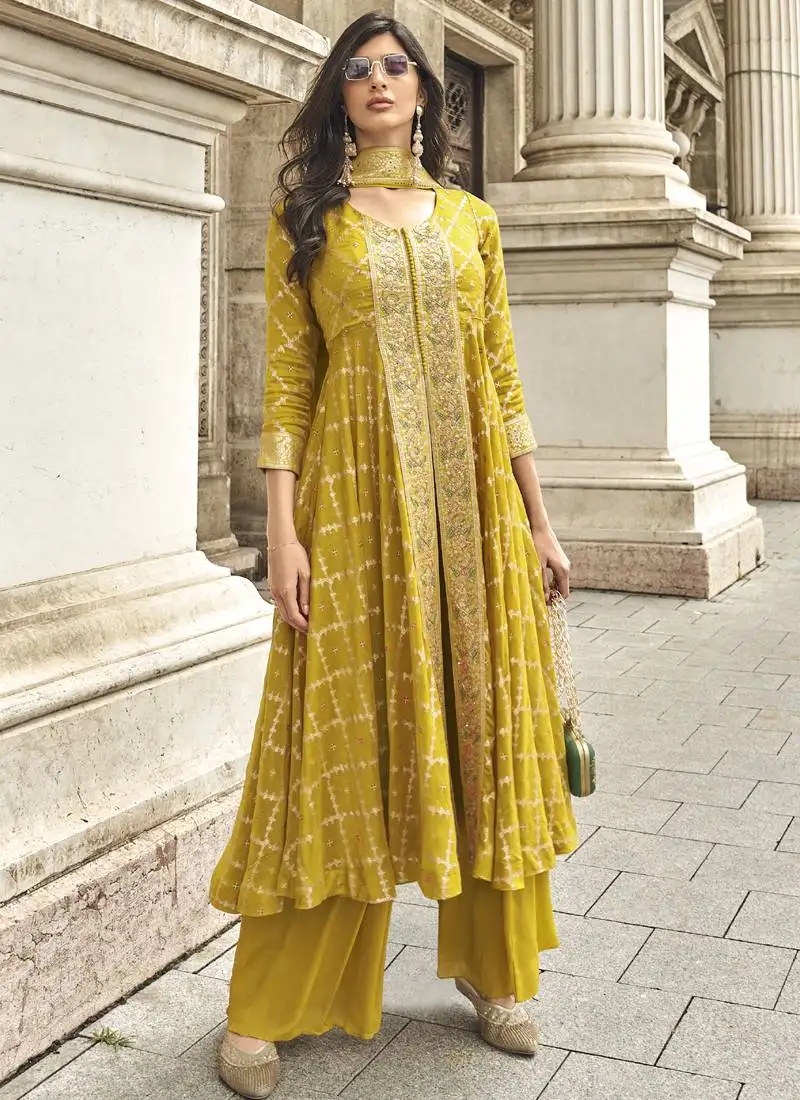 Yellow georgette embroidered palazzo suit stitched