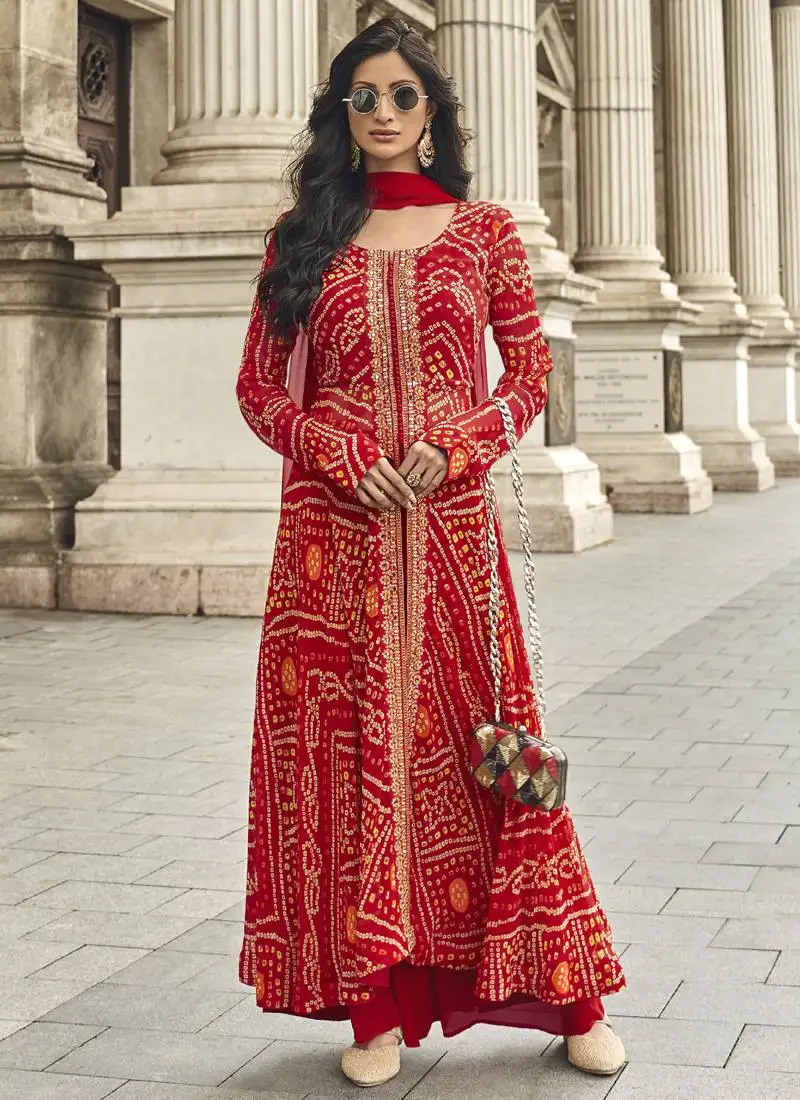 Red georgette embroidered palazzo suit stitched