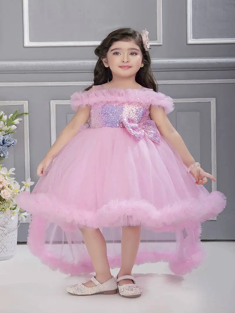 Baby pink solid net tail look off shoulder sequence yoke frock