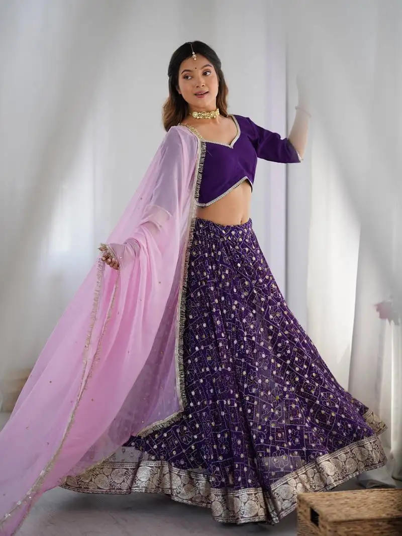 Purple bandhani flared lehenga set