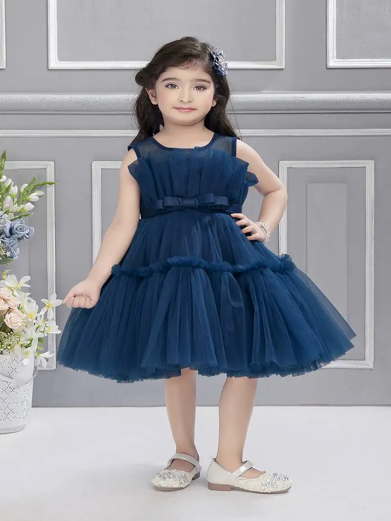 Teal solid net fan pleated yoke with frilled frock