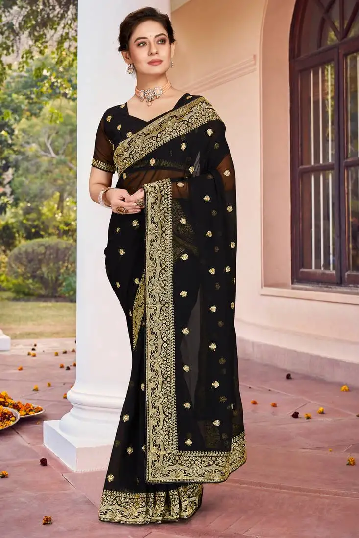 Black zari embroidered border georgette saree with matching blouse