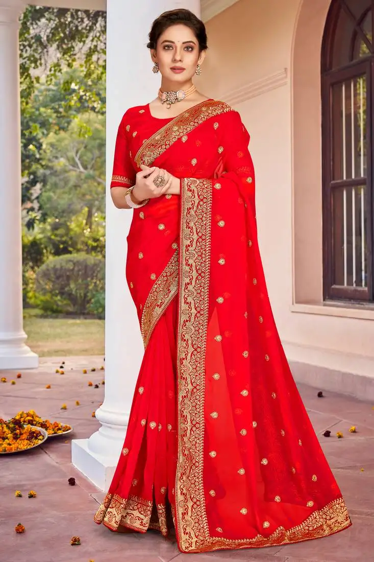 Red zari embroidered border georgette saree with matching blouse
