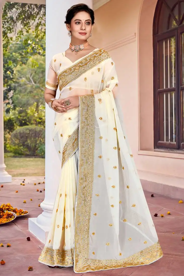 Off white zari embroidered border georgette saree with matching blouse