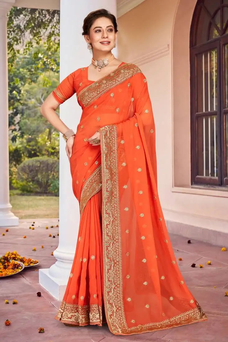 Peach zari embroidered border georgette saree with matching blouse