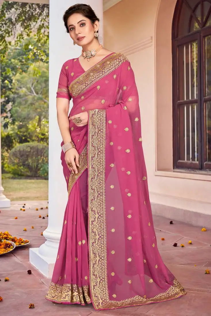 Pink zari embroidered border georgette saree with matching blouse