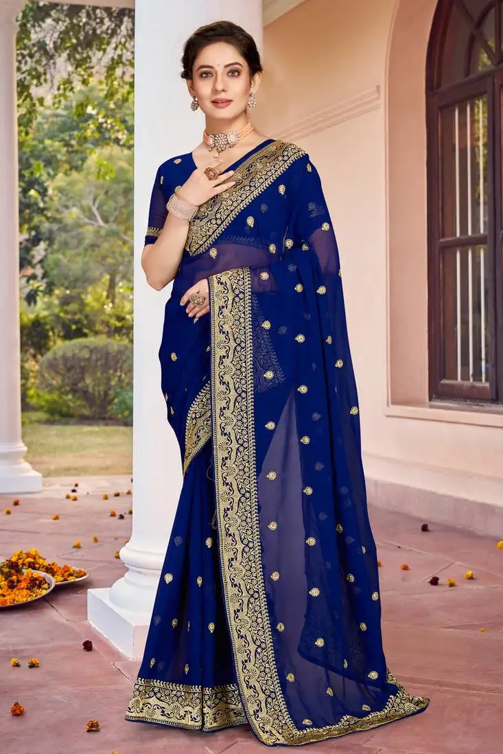 Navy blue zari embroidered border georgette saree with matching blouse